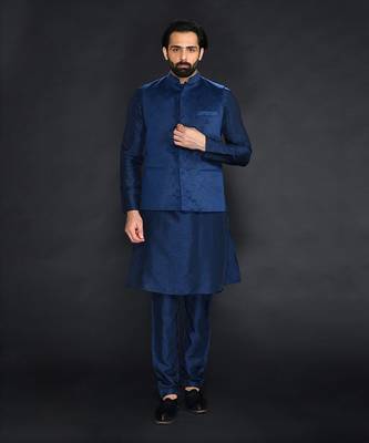 Teal Green Geometric Machine Textured Bundi Paired With Silk Kurta And Chudidar 1