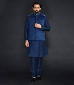 Teal Green Geometric Machine Textured Bundi Paired With Silk Kurta And Chudidar