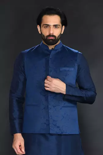 Teal Green Geometric Machine Textured Bundi Paired With Silk Kurta And Chudidar