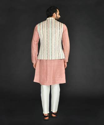 Off White Imported Russian Printed Bundi With Vis. Silk Peach Kurta Paired With Off White Spun Silk Chudidar. 2