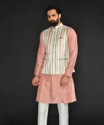 Off White Imported Russian Printed Bundi With Vis. Silk Peach Kurta Paired With Off White Spun Silk Chudidar. 3