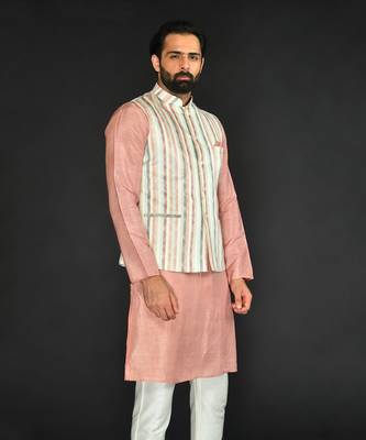 Off White Imported Russian Printed Bundi With Vis. Silk Peach Kurta Paired With Off White Spun Silk Chudidar. 4