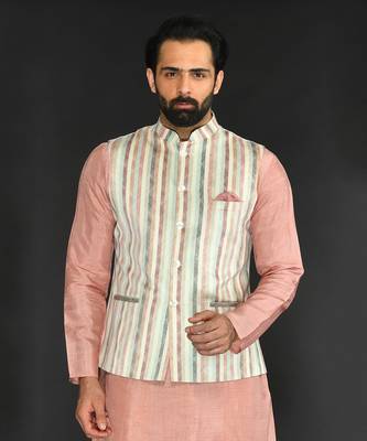 Off White Imported Russian Printed Bundi With Vis. Silk Peach Kurta Paired With Off White Spun Silk Chudidar. 5