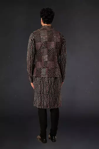 Black Gold Print Bundi With Kurta And Churidar