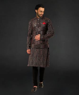 Black Gold Print Bundi With Kurta And Churidar 1
