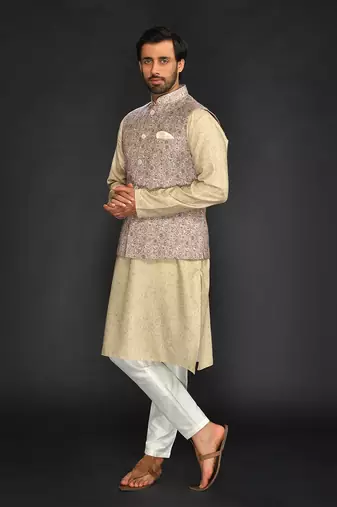 Yellow Print Bundi With Kurta And Churidar
