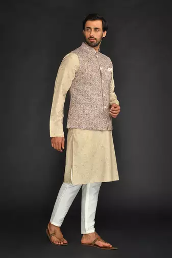 Yellow Print Bundi With Kurta And Churidar