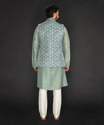 Dull Mint Green Imported Velvet Printed Long Bundi Paired With Vis. Silk Kurta And Spun Silk Chudidar. 2