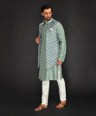 Dull Mint Green Imported Velvet Printed Long Bundi Paired With Vis. Silk Kurta And Spun Silk Chudidar. 1