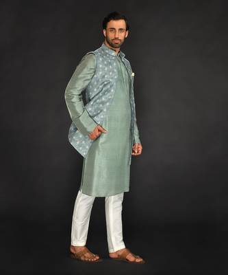 Dull Mint Green Imported Velvet Printed Long Bundi Paired With Vis. Silk Kurta And Spun Silk Chudidar. 3