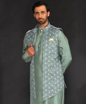 Dull Mint Green Imported Velvet Printed Long Bundi Paired With Vis. Silk Kurta And Spun Silk Chudidar. 4