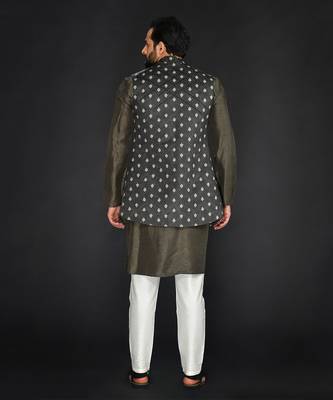 Brown Imported Velvet Printed Long Bundi Paired With Vis. Silk Kurta And Spun Silk Chudidar. 2