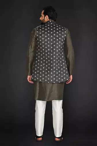 Brown Imported Velvet Printed Long Bundi Paired With Vis. Silk Kurta And Spun Silk Chudidar.