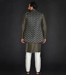 Brown Imported Velvet Printed Long Bundi Paired With Vis. Silk Kurta And Spun Silk Chudidar.