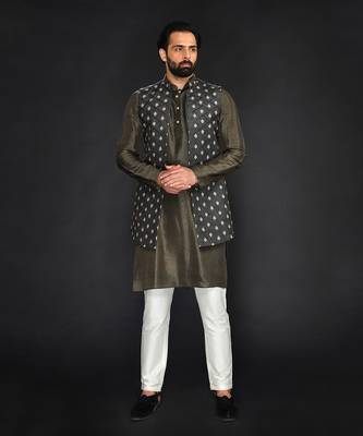 Brown Imported Velvet Printed Long Bundi Paired With Vis. Silk Kurta And Spun Silk Chudidar. 1