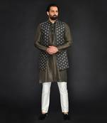 Brown Imported Velvet Printed Long Bundi Paired With Vis. Silk Kurta And Spun Silk Chudidar.