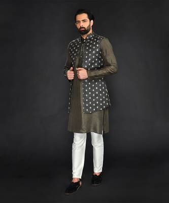 Brown Imported Velvet Printed Long Bundi Paired With Vis. Silk Kurta And Spun Silk Chudidar. 3