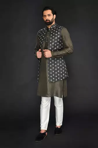 Brown Imported Velvet Printed Long Bundi Paired With Vis. Silk Kurta And Spun Silk Chudidar.