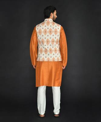 Off White Poly. Khadi Textured Printed Bundi With Vis. Silk Kurta Paired With Spun Cotton Chudidar. 2