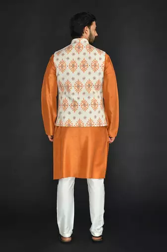 Off White Poly. Khadi Textured Printed Bundi With Vis. Silk Kurta Paired With Spun Cotton Chudidar.