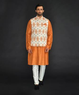 Off White Poly. Khadi Textured Printed Bundi With Vis. Silk Kurta Paired With Spun Cotton Chudidar. 1