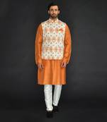 Off White Poly. Khadi Textured Printed Bundi With Vis. Silk Kurta Paired With Spun Cotton Chudidar.