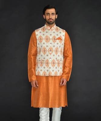 Off White Poly. Khadi Textured Printed Bundi With Vis. Silk Kurta Paired With Spun Cotton Chudidar. 3