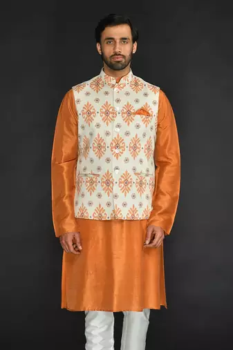 Off White Poly. Khadi Textured Printed Bundi With Vis. Silk Kurta Paired With Spun Cotton Chudidar.