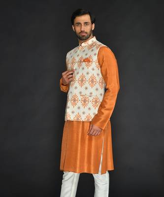 Off White Poly. Khadi Textured Printed Bundi With Vis. Silk Kurta Paired With Spun Cotton Chudidar. 4