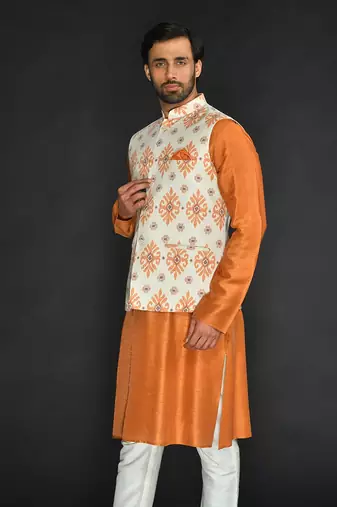 Off White Poly. Khadi Textured Printed Bundi With Vis. Silk Kurta Paired With Spun Cotton Chudidar.