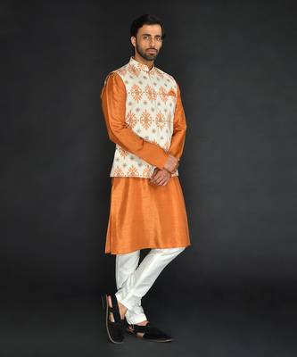 Off White Poly. Khadi Textured Printed Bundi With Vis. Silk Kurta Paired With Spun Cotton Chudidar. 5