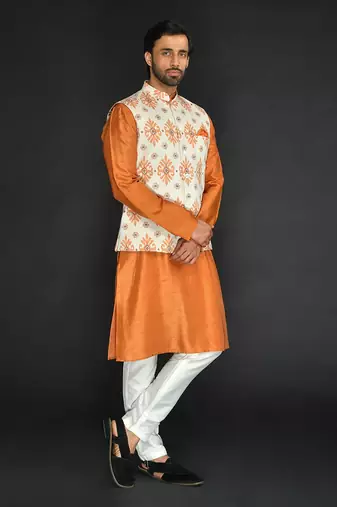 Off White Poly. Khadi Textured Printed Bundi With Vis. Silk Kurta Paired With Spun Cotton Chudidar.