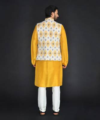 Off White Poly. Khadi Textured Printed Bundi With Musterd Vis. Silk Kurta Paired With Off White Spun Cotton Chudidar. 2
