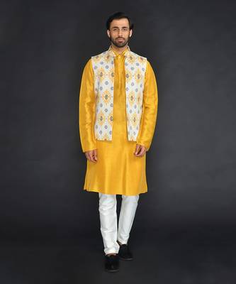Off White Poly. Khadi Textured Printed Bundi With Musterd Vis. Silk Kurta Paired With Off White Spun Cotton Chudidar. 1