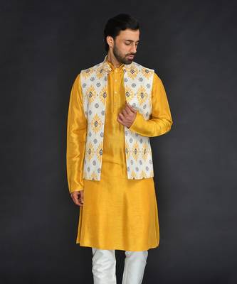 Off White Poly. Khadi Textured Printed Bundi With Musterd Vis. Silk Kurta Paired With Off White Spun Cotton Chudidar. 3