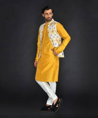 Off White Poly. Khadi Textured Printed Bundi With Musterd Vis. Silk Kurta Paired With Off White Spun Cotton Chudidar. 4
