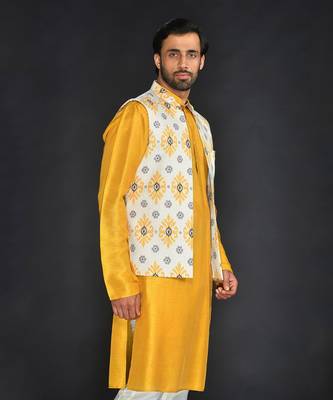 Off White Poly. Khadi Textured Printed Bundi With Musterd Vis. Silk Kurta Paired With Off White Spun Cotton Chudidar. 5