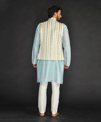 Off White Imported Russian Printed Bundi With Vis. Silk  Kurta Paired With Off White Spun Silk Chudidar. 2