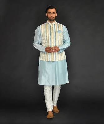 Off White Imported Russian Printed Bundi With Vis. Silk  Kurta Paired With Off White Spun Silk Chudidar. 1