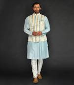Off White Imported Russian Printed Bundi With Vis. Silk  Kurta Paired With Off White Spun Silk Chudidar.