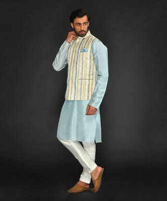 Off White Imported Russian Printed Bundi With Vis. Silk  Kurta Paired With Off White Spun Silk Chudidar. 3