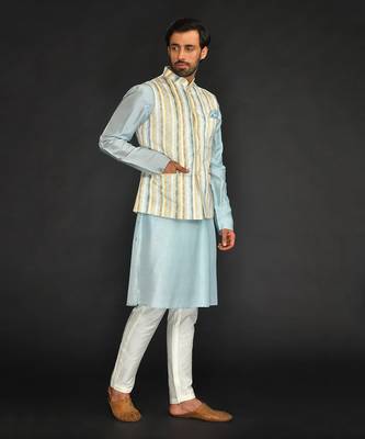 Off White Imported Russian Printed Bundi With Vis. Silk  Kurta Paired With Off White Spun Silk Chudidar. 4