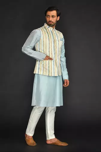 Off White Imported Russian Printed Bundi With Vis. Silk  Kurta Paired With Off White Spun Silk Chudidar.