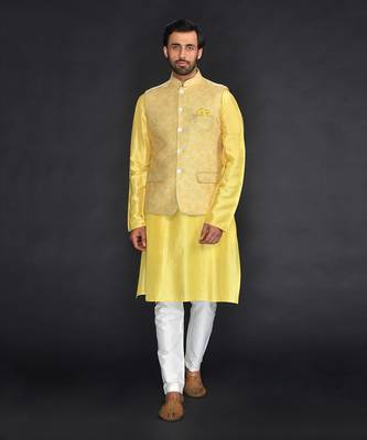 Fresh Yellow Imported Velvet Printed Bundi With Vis. Silk Yellow Kurta And Spun Cotton Chudidar 1