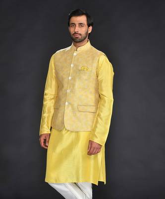 Fresh Yellow Imported Velvet Printed Bundi With Vis. Silk Yellow Kurta And Spun Cotton Chudidar 2