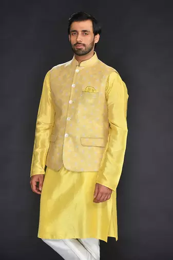 Fresh Yellow Imported Velvet Printed Bundi With Vis. Silk Yellow Kurta And Spun Cotton Chudidar