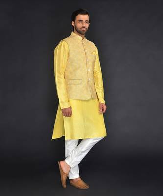 Fresh Yellow Imported Velvet Printed Bundi With Vis. Silk Yellow Kurta And Spun Cotton Chudidar 3