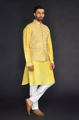 Fresh Yellow Imported Velvet Printed Bundi With Vis. Silk Yellow Kurta And Spun Cotton Chudidar