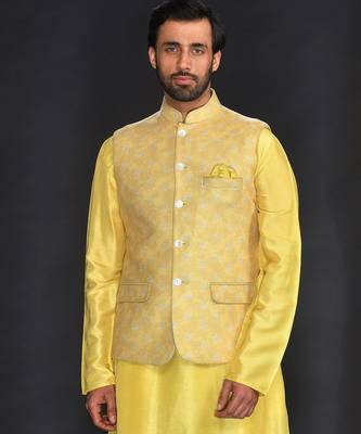 Fresh Yellow Imported Velvet Printed Bundi With Vis. Silk Yellow Kurta And Spun Cotton Chudidar 4