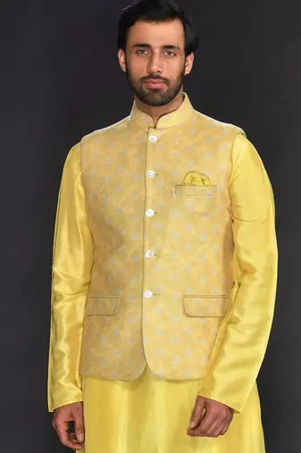 Fresh Yellow Imported Velvet Printed Bundi With Vis. Silk Yellow Kurta And Spun Cotton Chudidar